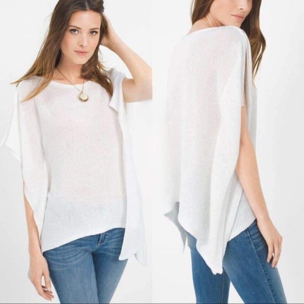 White House Black Market White/Silver Sequin Pullover Sweater Poncho SZ. L NWT